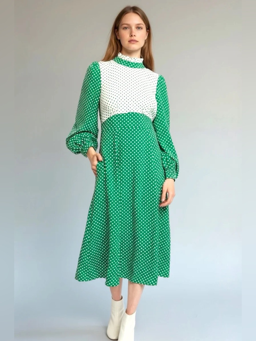 Louche London Sorrel Green and White Polka Dot Long Sleeve Midi Dress Size 6
